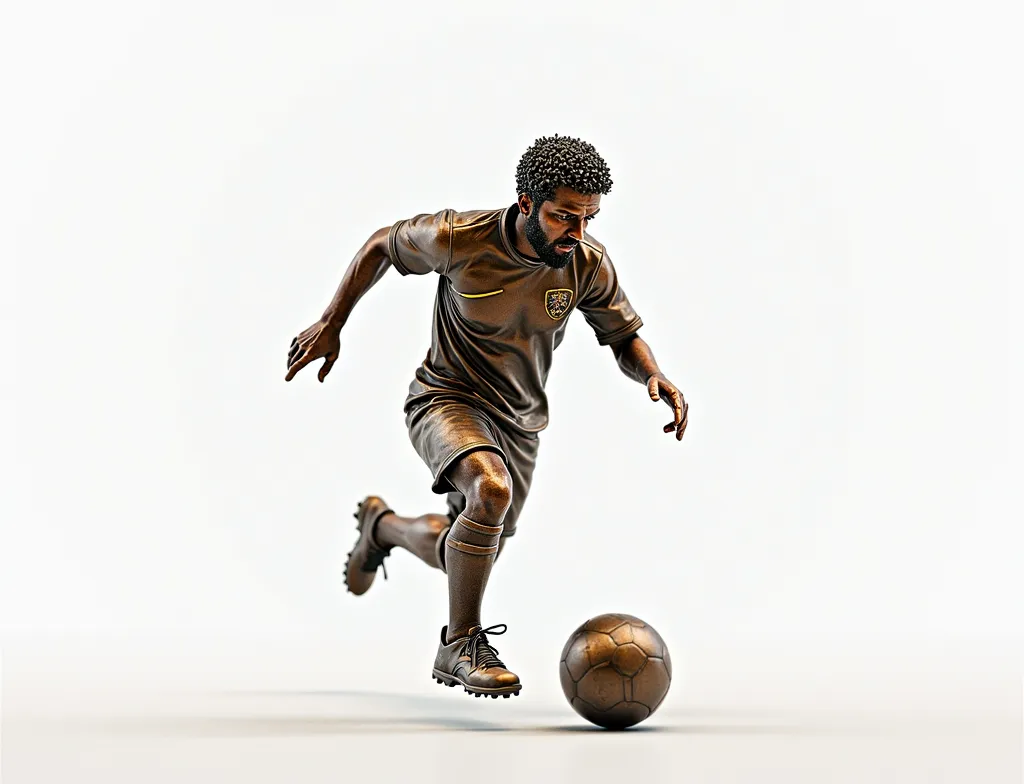 football player (soccer) On the field with the ball, high detail 8k rendering , rendering of high definition 8k, feito  of bronze , football player,  of bronze , football player,  of high level detail and intricate detail,  super detailed rendering,  small...