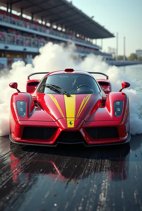  Ultra-realistic photo, a futuristic version of the Ferrari Enzo, hyper car in the color red with yellow stripes, Autodrom, blowing smoke from the tires showing the entire car, 