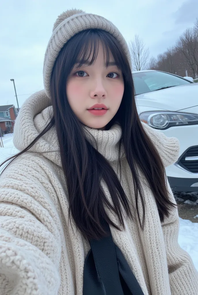 amateur photo, Instagram POV style , In the snow in front of a car , Taking a selfie, cloudy day, without makeup, she has long black hair with bangs, In a large Jaquena, with hat and scarf, She's wearing a lot of clothes, It's cold , big hips, beautiful le...