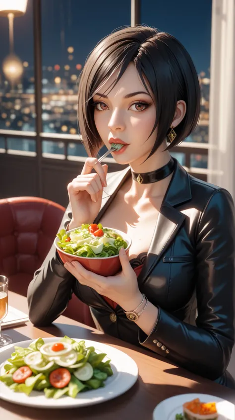 Beautiful Ada Wong, He's eating a salad , She has her spy suit 