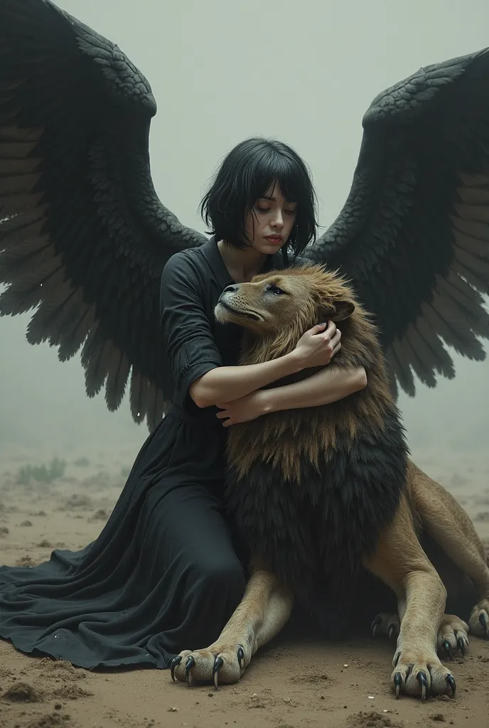 Draw an angel with black wings and short hair embracing with her wings, A griffin with the face of an eagle and the body of a dead lion on the ground, She cried out of sadness