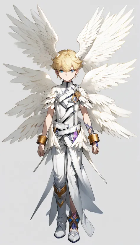 (((Highest Quality))), (Simple background), 1boy, fullbody, standing, dlucemon, blonde short hair, head wings, multiple wings, magical boy, black and white suit, zippers, boots, gauntlets, bracelets