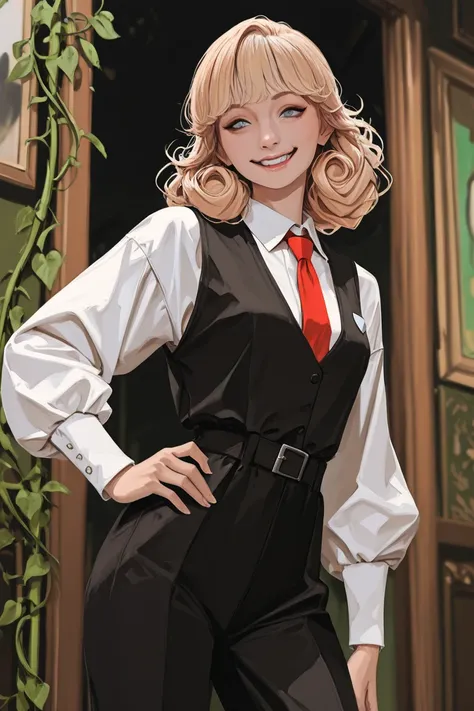 create a vintage young boy cartoon-style illustration depicting one young men。 character in a standing pose 、showing an evil smile, the character has a short blonde curly hair, blue eyes 、 classic vest 、 white puff sleeve shirt 、 wears a red ribbon tie , T...