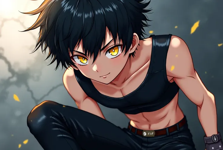 An anime boy,  messy black hair,  Yellow Eyes,  Cropped Black Leather , sporty and stylish pants, black gloves,  showing the navel ,  close na lateral do rosto 