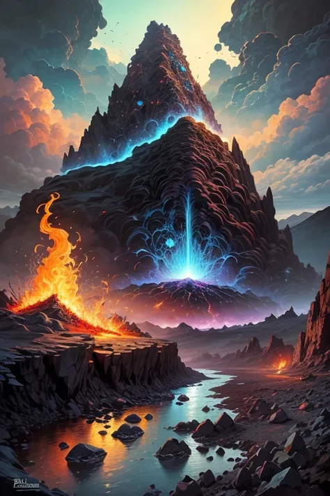 masterpiece, Volcanoes, Fire, aura, particles and harmony. Blue sky and rocks in the distance. Adventure landscape . Maximum quality,  Detailed.