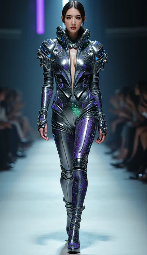 "A model weighing 65kg and standing 1.68m tall walking down a runway. She is wearing unique, elegant clothing that blends high fashion with futuristic alien technology elements. The outfit features innovative, metallic textures with glowing details resembl...