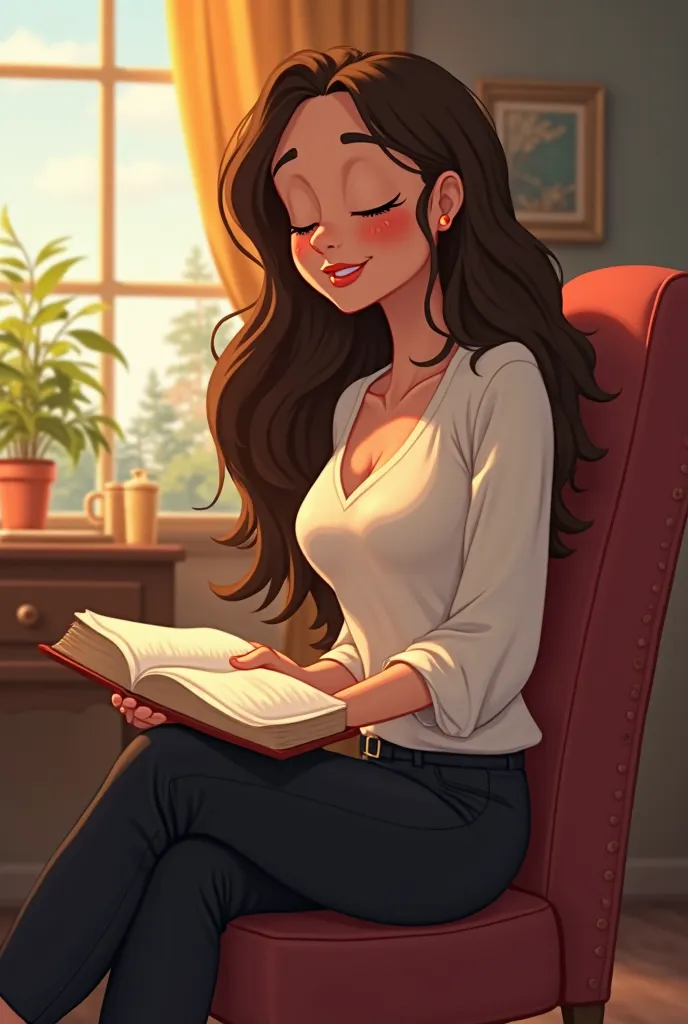 Create a Disney-style cartoon long-haired brunette,60 height with eyes closed , White sleeve blouse black pants in your bedroom sitting on a chair resting your hand on the desk next to the window reading the Bible in the morning 