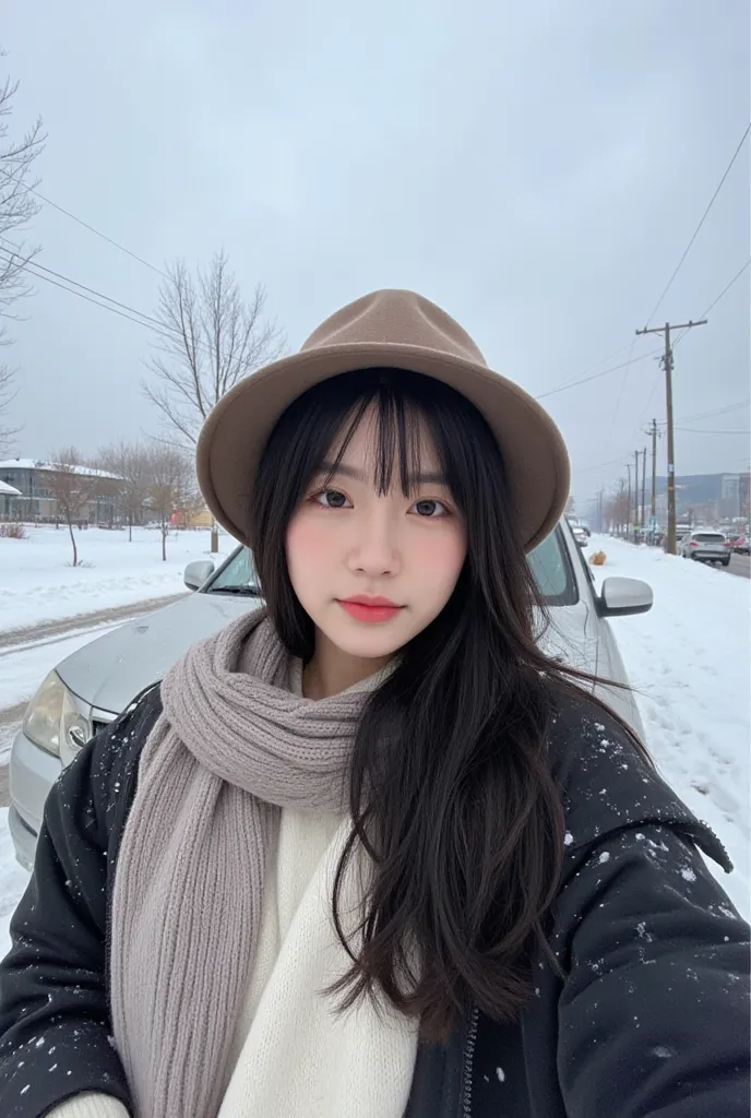 amateur photo, Instagram POV style , in the snow in front of a car , Taking a selfie, cloudy day, without makeup, she has long black hair with bangs, in a large jaquena, with hat and scarf, She's wearing a lot of clothes, It's cold , big hips, Beautiful le...