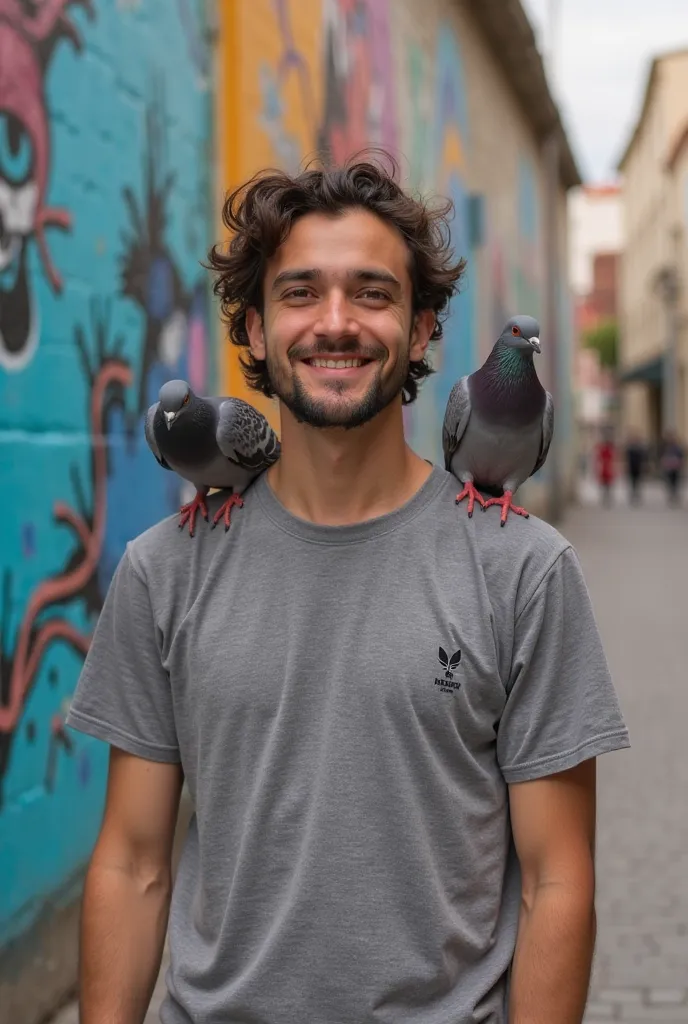 Dani ride (Chilean Influencer) posing with a gray dove on her shoulder.  He smiles at the camera , wearing a modern t-shirt and fashionable sneakers, against an urban background full of colorful murals. The gray dove adds a touch of nature to the scene, cr...