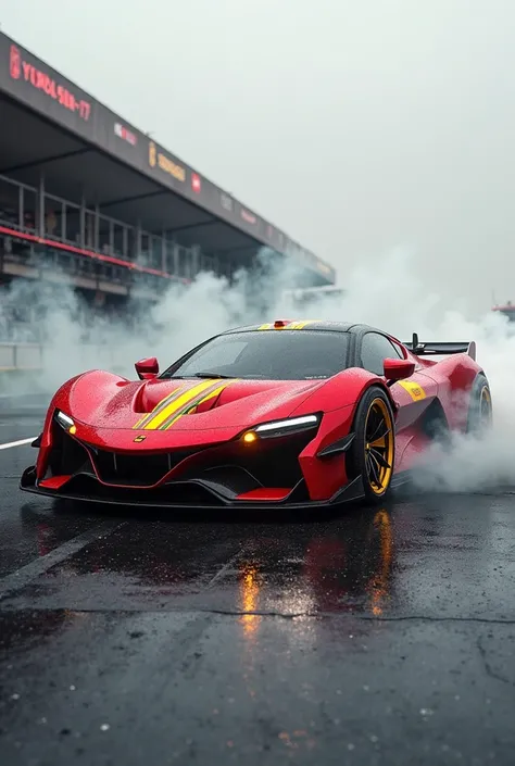  Ultra-realistic photo, a futuristic version of the Ferrari 458, hyper car in the color red with yellow stripes, Autodrom, coming out smoke from the tires showing the entire car, 