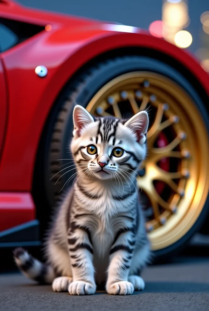 A picture of a soft-haired gray-white kitten sitting in front of the golden wheels of a red Mitsubishi Evo Street Racer car. The background is a night view of the city of Kuala Lumpur. On the mini board "AI art Hazlin Lin"