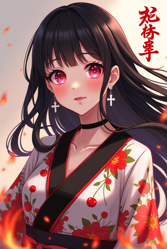 *"An anime-style illustration of a beautiful and happy woman with mature, adult features, including a defined jawline and softer, elegant facial expressions. She has long, flowing black hair accented with red tones. Her hair is loose, with several strands ...