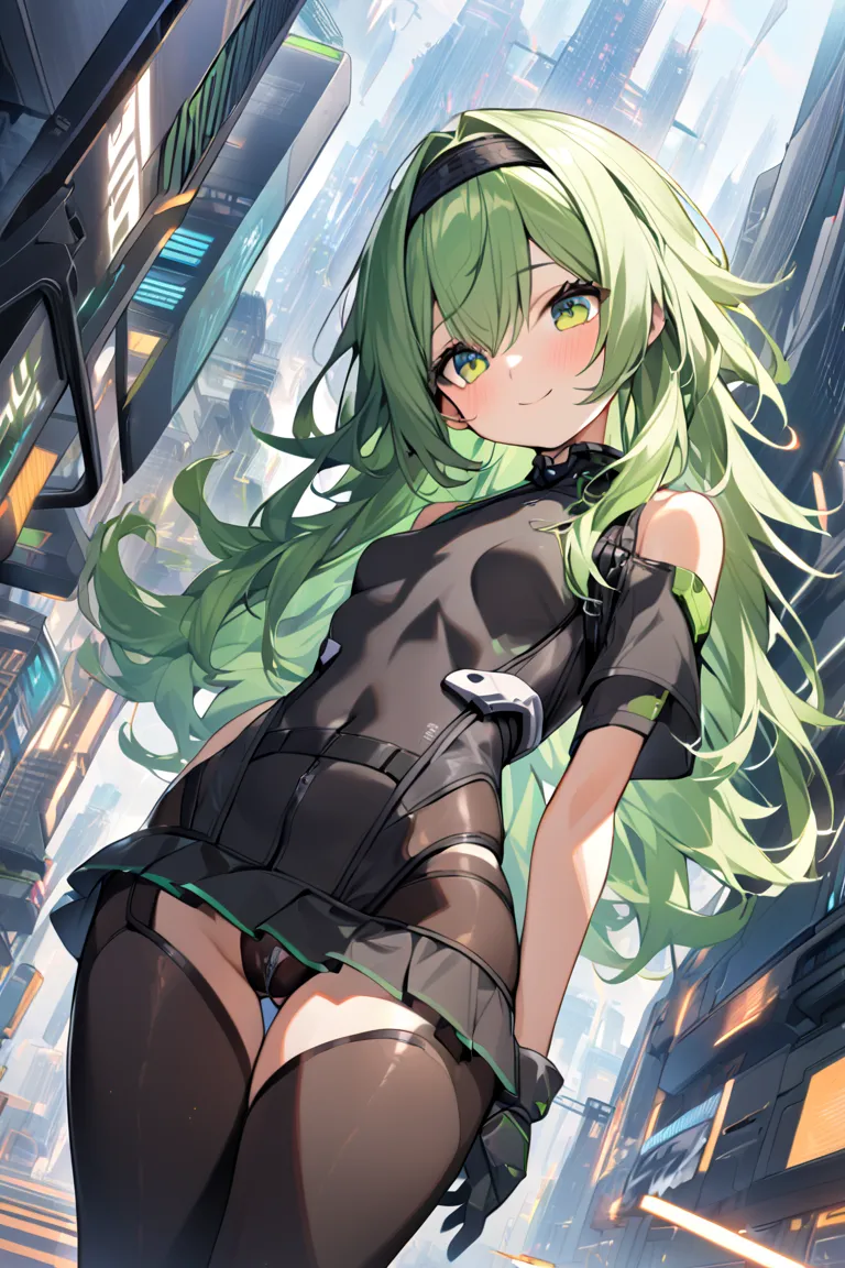  1young_girl, solo, long_shaggy_hair, green_hair, long_bangs,bare_shoulders,short sleeves, (black_bodysuit), black_harness, green eyes, very_short_front_cutout_skirt, dettached_long_sleeves,gloves, light_smile, in futuristic city, , high quality,crotch, sl...