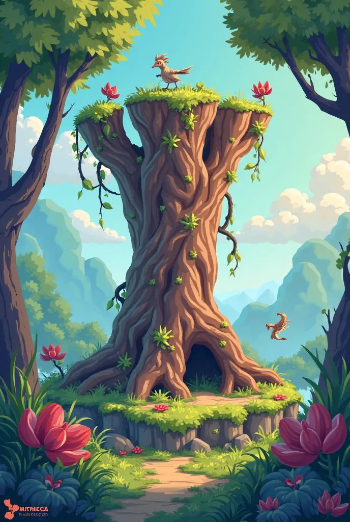 a side view of an old tree stump, in a platformer game. The graphic style is vector art