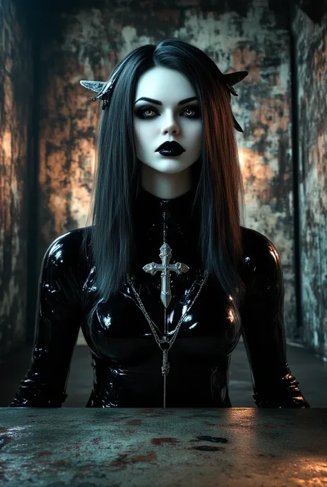 Dark indoor studio, ultra realistic 3D painting, macro, dark graffiti background, a pale white goth girl, white makeup, real expressions, absurd, angry face, shiny black lipstick with black glitter on her mouth, wearing a black leather tank top, wearing a ...