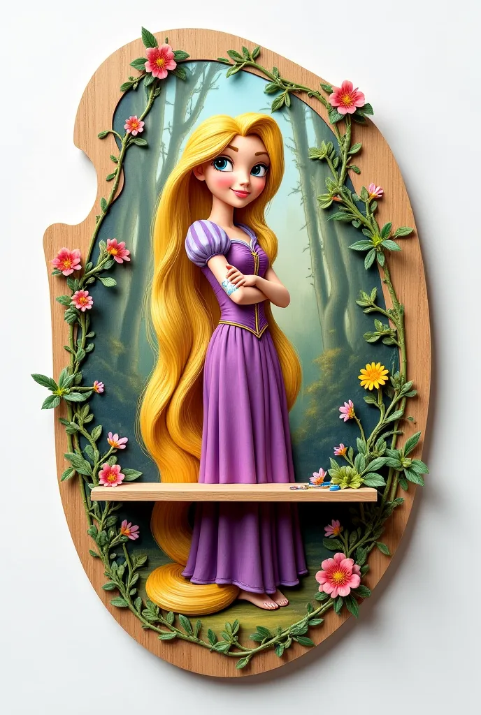 "A small, wall-mounted artistic bookshelf shaped like a palette with a drwaing of Rapunzel with alot of details and material