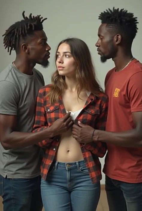 a young white high school girl cornered by 2 black students where one is pulling her shirt off and the other is holding her arms