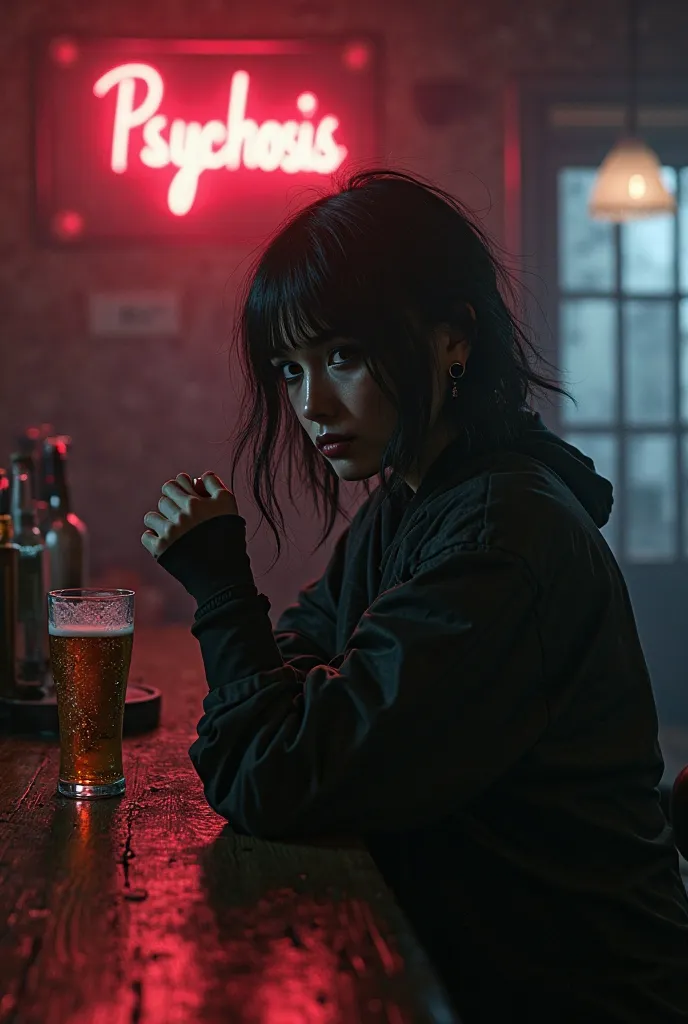 Emo girl drinking a beer in a sad place 
A bar with a Psychosis Beer sign