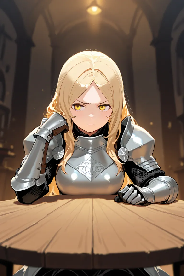 Blonde long hair,yellow eyes,wearing a bit of medieval armor,Adorably angry, The cheeks of the face are swollen, It's puzzling, With bangs,silver armor,sitting at a round table