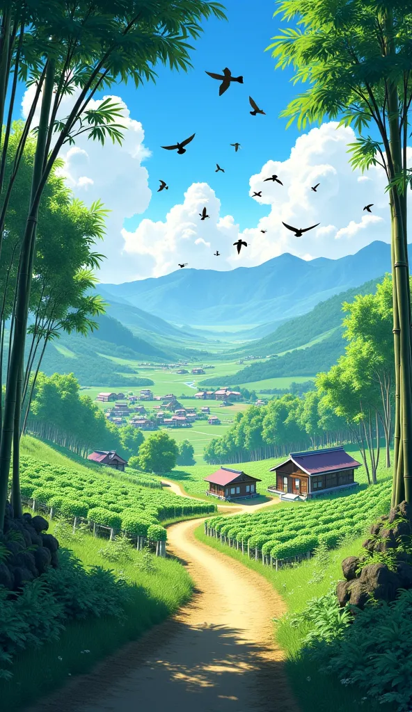 Atmosphere of a Japanese rural plantation, sunny weather , some birds fly angit, 3D realistic 