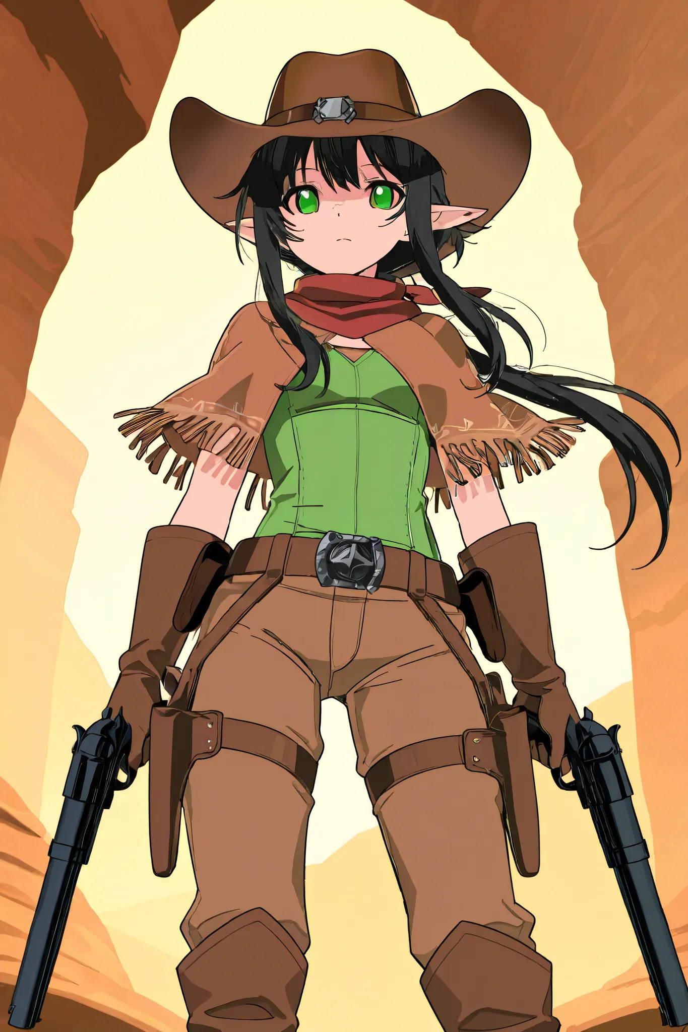 elf, cowboy, Pancho,  messy black hair, long hair, desert background, gun holster, fantasy, green eyes, cowboy hat, elf ears, man, male