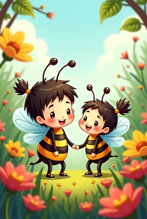 a busy bee cartoon and cheerful chibi girl in 10x10 aspect ratio


