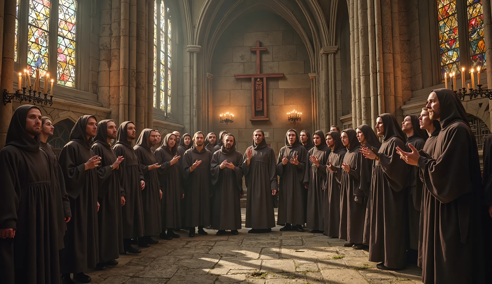 Ultra realistic scene from "A group of second-person medieval monks singing in a solemn Gregorian choir inside a medieval church. The monks are dressed in habits simple shades of brown and gray, with hoodies covering their heads. They are aligned on a ston...