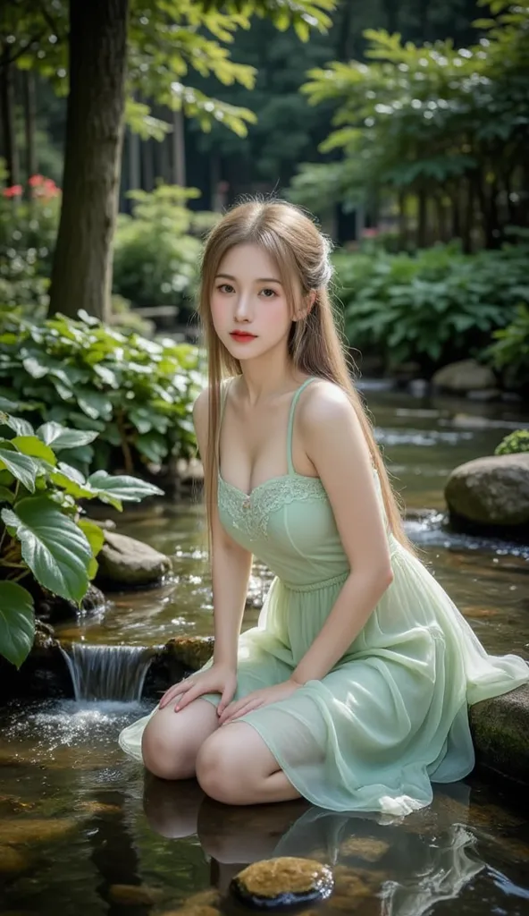 The photo depicts a girl sitting in a fresh green forest. She wears a light green dress she, extolling the pure and graceful beauty. her hair is long , light colored, natural relaxation, creates a look that is both soft and mysterious.
Surrounding her is a...