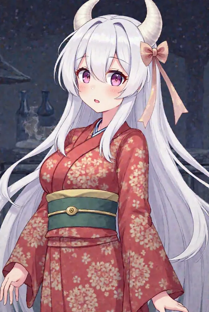 1 girl, solo, long hair, blush, long sleeves, hair accessory, white hair, horns, kimono, hair accessory, pink eyes, wide sleeves, obi, night, floral pattern, obi, horns, patterned kimono, red kimono,from behind, vagina, sex, vagina, sex, heavy breathing, f...