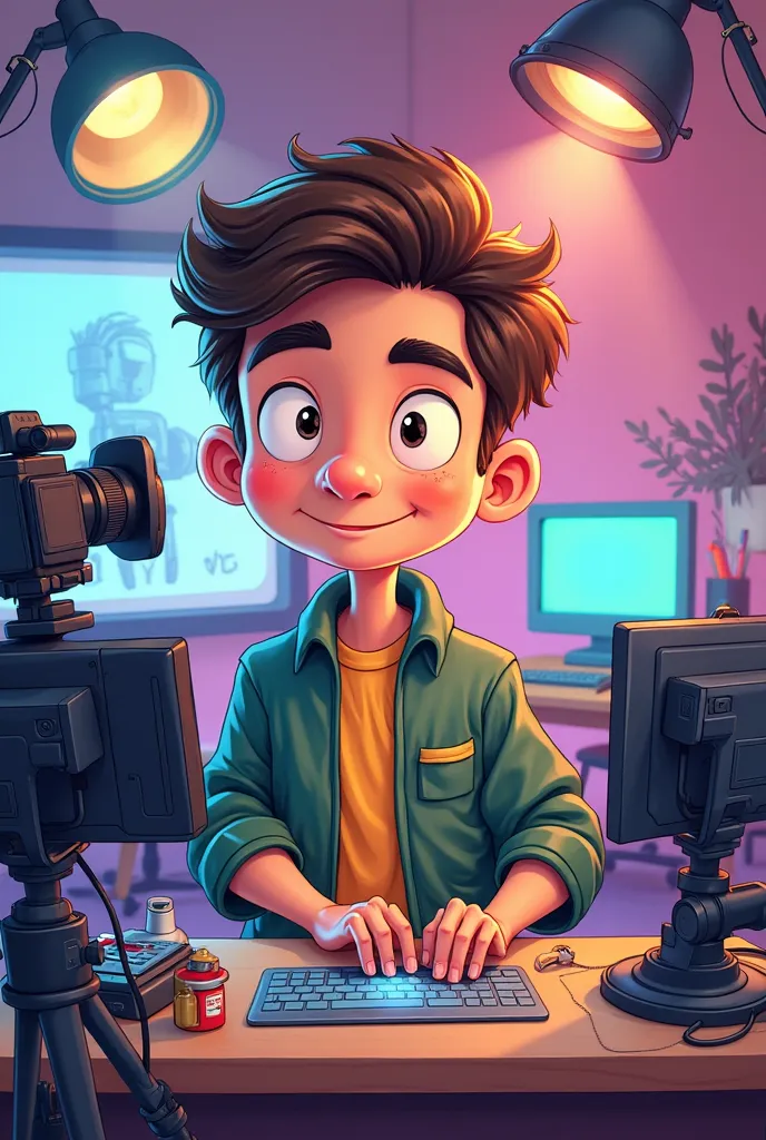 Jushen behind the scene as content creator male and cartoon character