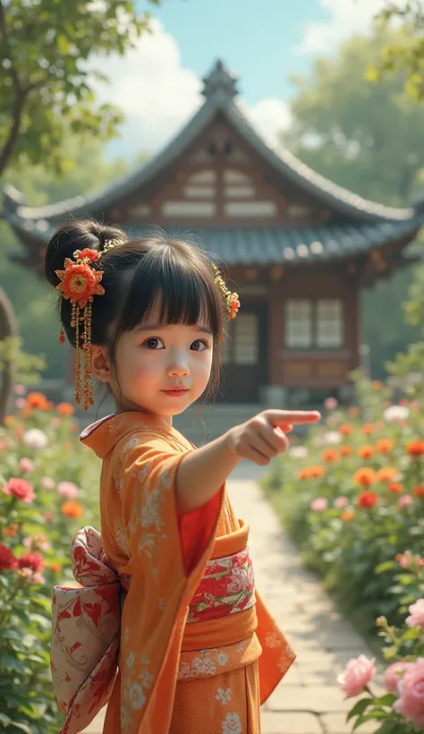  Fantastic　 realistic footage　The large garden of a Japanese house　flower　Japanese cute little  girl wearing an orange kimono　hair ornaments close to the garden　 is pointing his face towards me