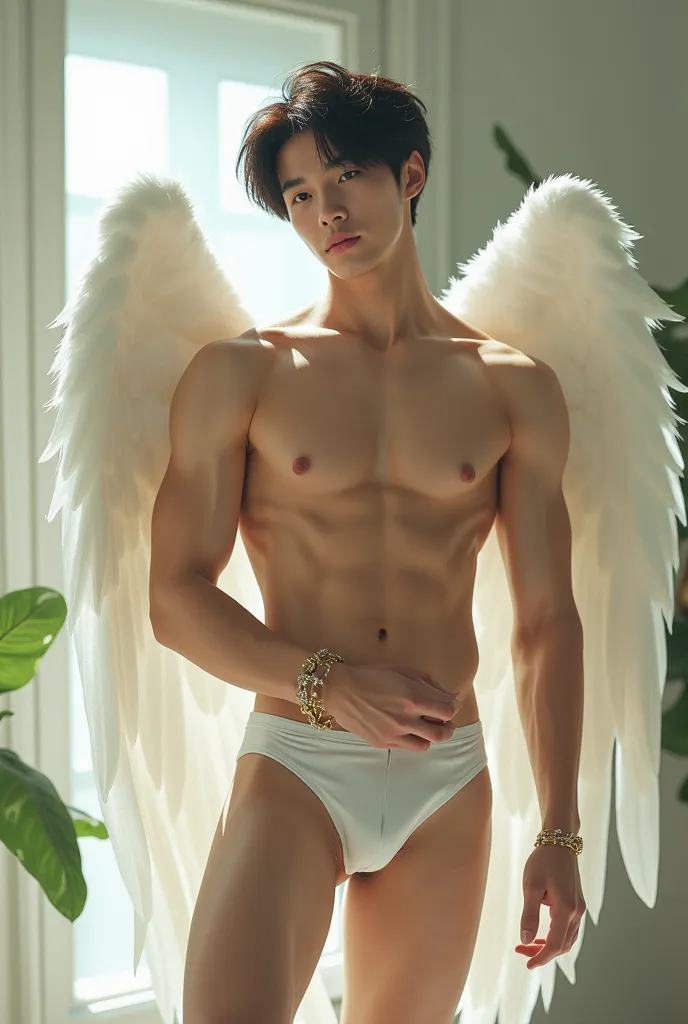 Jungkook no BTS,Showing the winged muscle of an angel in white underwear,Wearing a bracelet around the arms.