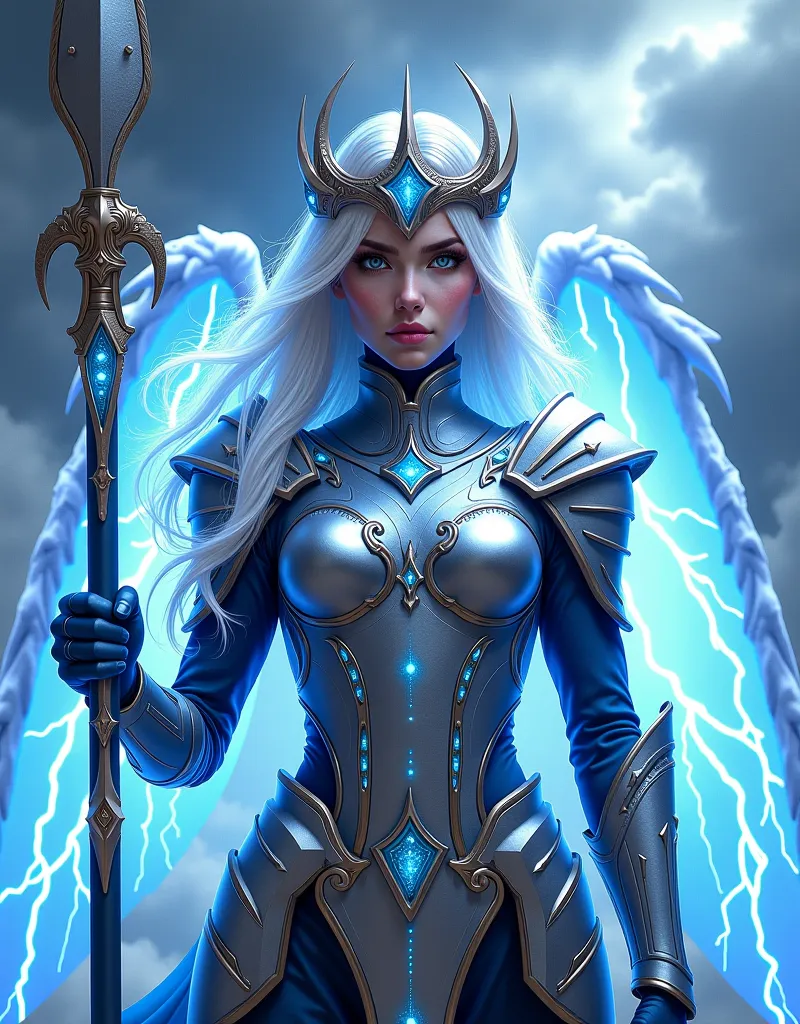 A celestial warrior, Vaelis, the Radiant Titan, daughter of the storm god, depicted in a close-up view with an imposing yet elegant presence. She wears sleek and intricately designed silver and storm-blue armor, adorned with glowing lightning veins and del...