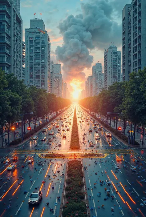 creative design in A4 format, combining the themes of a road intersection and chemistry. The image should feature a busy road intersection, symbolizing the point of conflict, with elements of chemistry integrated into the scene. For example, molecules or c...