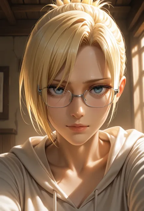 masterpiece, best quality, vibrant, very aesthetic, high contrast, photorealistic portrait,beautiful detailed face,detailed texture,detailed skin, newest, 1girl, Attack on titan,source_ Attack on titan,annie leonhart,glasses,shirt,room
