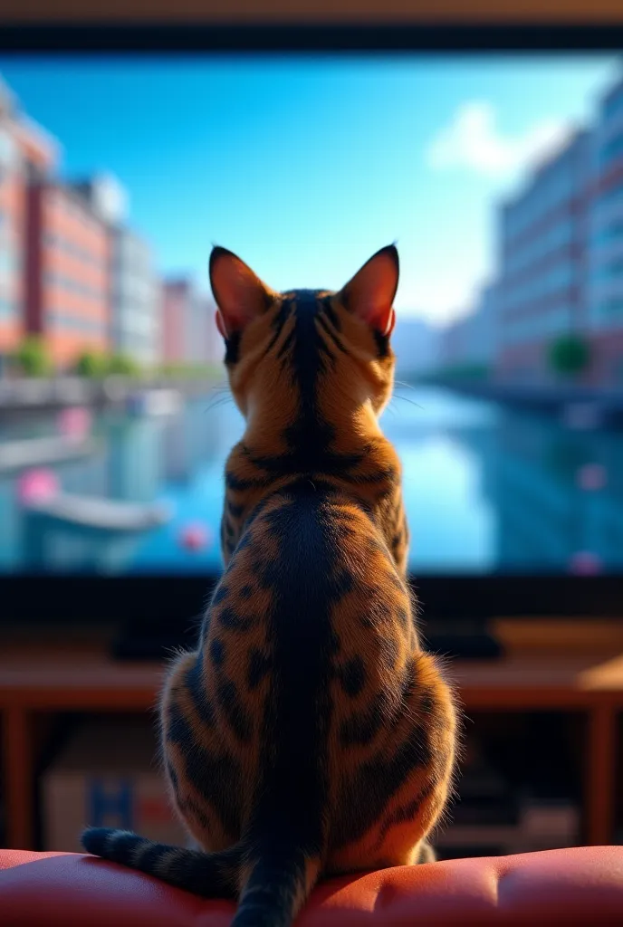 Cat watching live stream. Let's see the cat from the back let it be on our screen and make the cat brown black