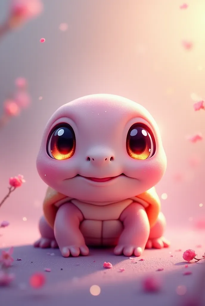 A smiling pink baby turtle with glowing eyes