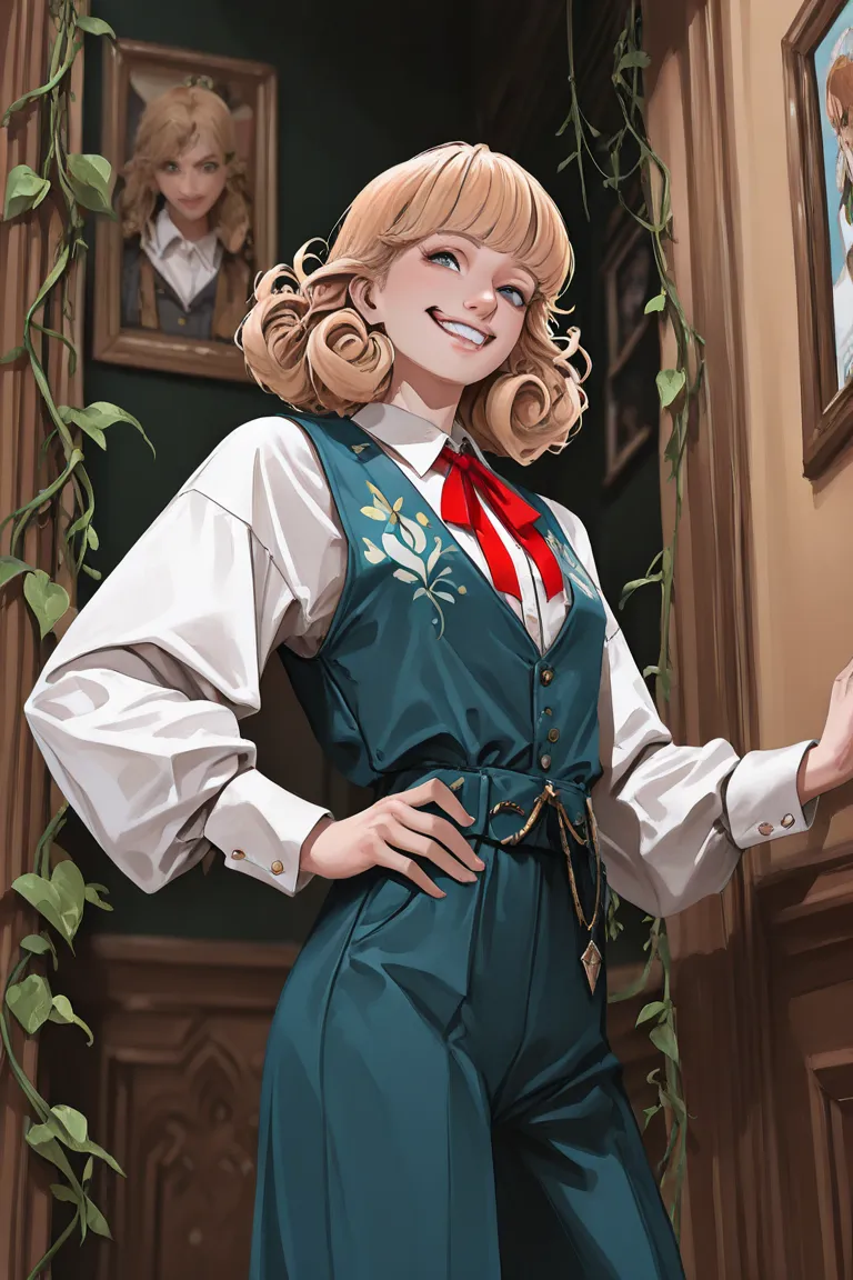 create a vintage young 1boy illustration depicting 1young men。 character in a standing pose in a hallway in a garden、showing an evil smile, the character has a short blonde curly hair, blue eyes 、 classic vest 、 white puff sleeve shirt 、 wears a red ribbon...