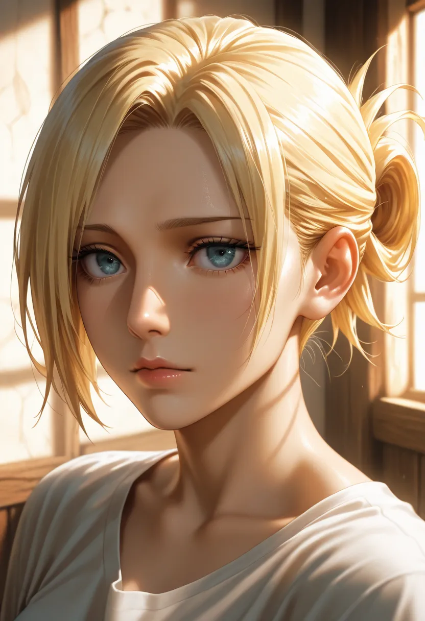 masterpiece, best quality, vibrant, very aesthetic, high contrast, photorealistic portrait,beautiful detailed face,detailed texture,detailed skin, newest, 1girl, Attack on titan,source_ Attack on titan,annie leonhart,shirt,room
