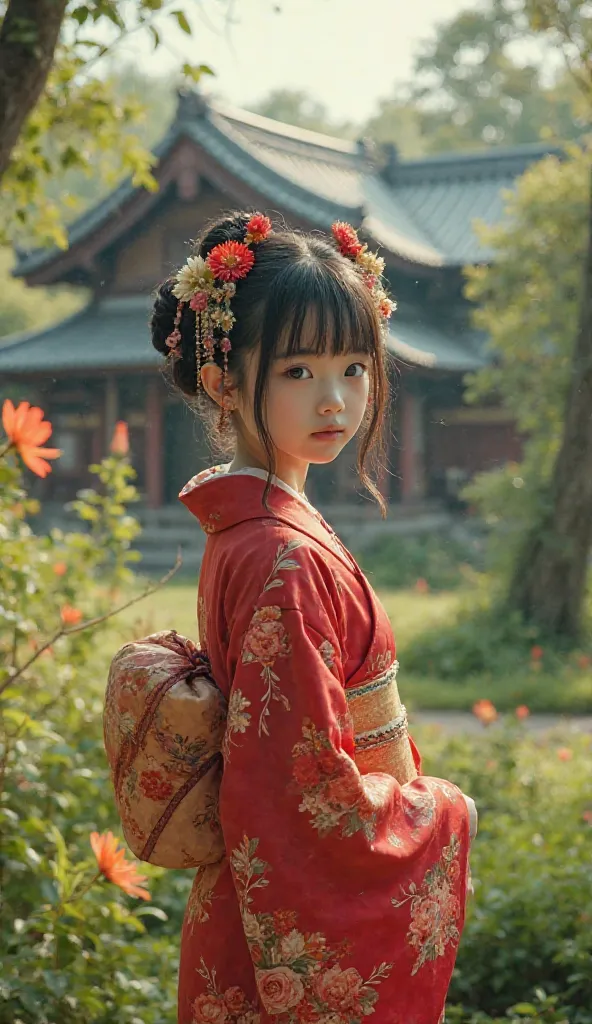  Fantastic　realistic footage　The large garden of a Japanese house　Japanese cute little  girl wearing a red kimono　hair ornaments close to the garden　 is pointing his face towards me