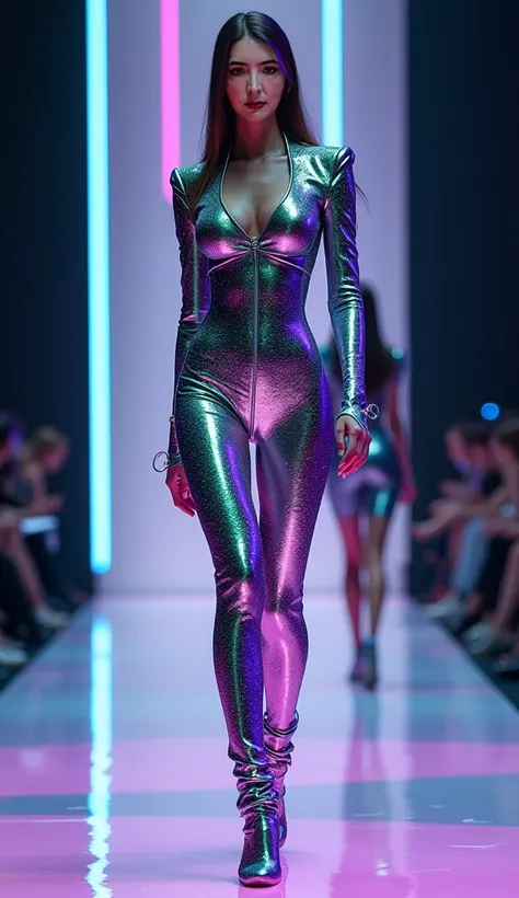 A model weighing 65kg and standing 1.68m tall confidently struts down a runway, exuding sensuality and elegance. She wears a daring, unique outfit that fuses high fashion with futuristic alien technology. The ensemble is crafted from metallic, form-fitting...