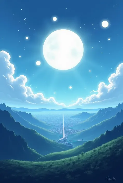 dibujo de anime, Full Moon on the sides two moons 6 times smaller, Below a city that can be seen in the distance, A paramo.