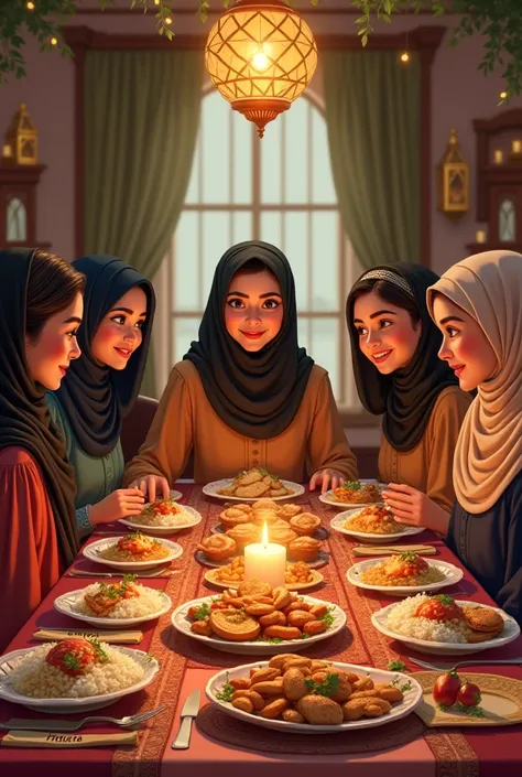 5 filles à dîner sur la table de ramadan et écrits les noms des filles sur ses assiettes la première c'est Ranoch la 2ème charlitta la 3ème Raghad la 4ème lolo la 5ème Dandone