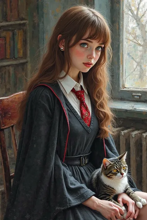 An oil painting with a watercolor effect,  inspired by the Harry Potter universe . The image shows a young woman 21-year-old Englishwoman with a youthful and enigmatic appearance.  Her brown hair is long , smooth and frayed , style with a fringe lying on o...