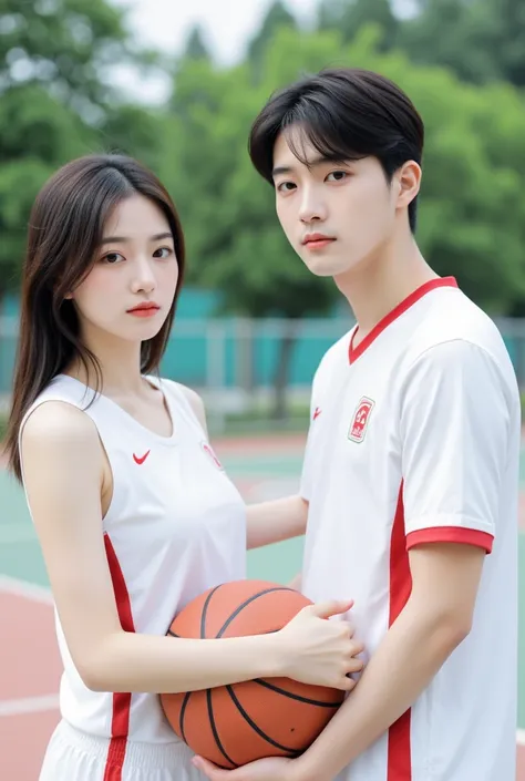 The young couple of Korean handsome men and beautiful women, they are standing on the basketball court. Women with long hair straight shoulder -length look neat, men and women wearing white basketball uniforms with red and black accents. Young women hold b...