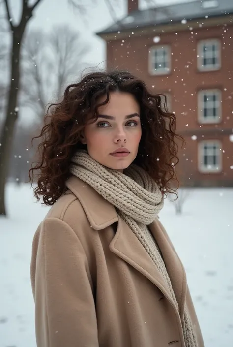 A photo of a natural woman with curly hair, wearing a beige coat and a scarf. She is standing outdoors on a snowy day. The background contains a brick building and trees. The photo is taken by Peter Lindbergh for a Vogue editorial.