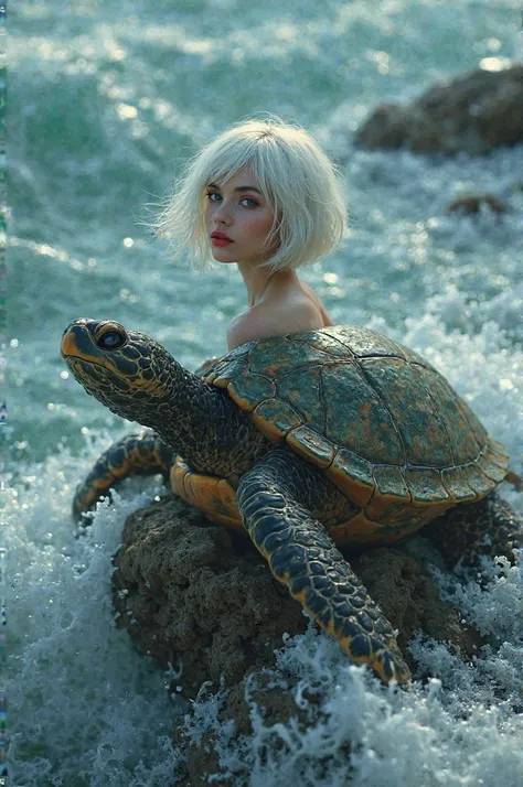 Give me the image of a woman with short white hair and blue eyes who is very beautiful with red lips and neck down, whatever she has the body of a turtle with her shell, that is on a rock in the middle of the sea, that the water is mixed up. 
