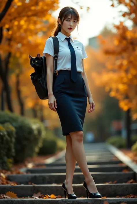 Sexy beautiful Japanese woman, a self defense officer uniform, wearing a white short-sleeved shirts, navy blue tie, navy blue pencil skirt, Black patent high heels, beautiful hip-line, Beautiful thighs, long legs, large breasts, slim waist, ultra-realistic...