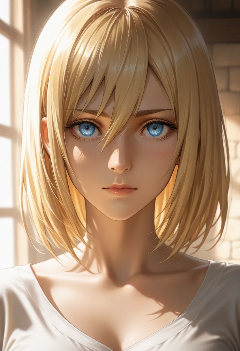 masterpiece, best quality, vibrant, very aesthetic, high contrast, photorealistic portrait,beautiful detailed face,detailed texture,detailed skin, newest, 1girl, Attack on titan,source_ Attack on titan,Historia Reiss,shirt,room
