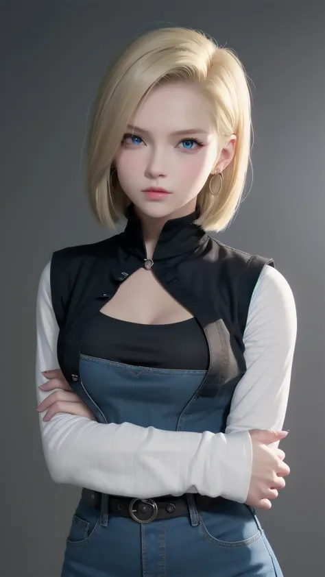  Android 18, Blonde hair, blue eyes, eyeslashes, hoop earings, Short hair, earring
bring, black sock, Black shirt, breast pocket, cleavage, clavicle, denim, denim skirt, high waisted skirt, jewelry, Long sleeves, Pocket, shirt, shirt tucked in, bikers shor...